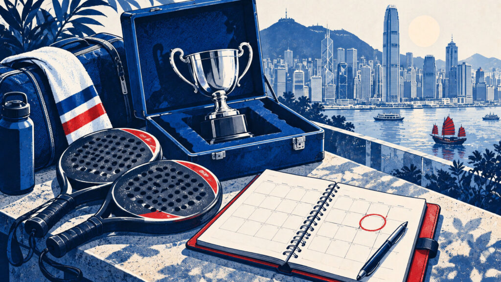 Editorial illustration: A silver trophy, rackets and a blank planner represent Hong Kong’s November tournament.