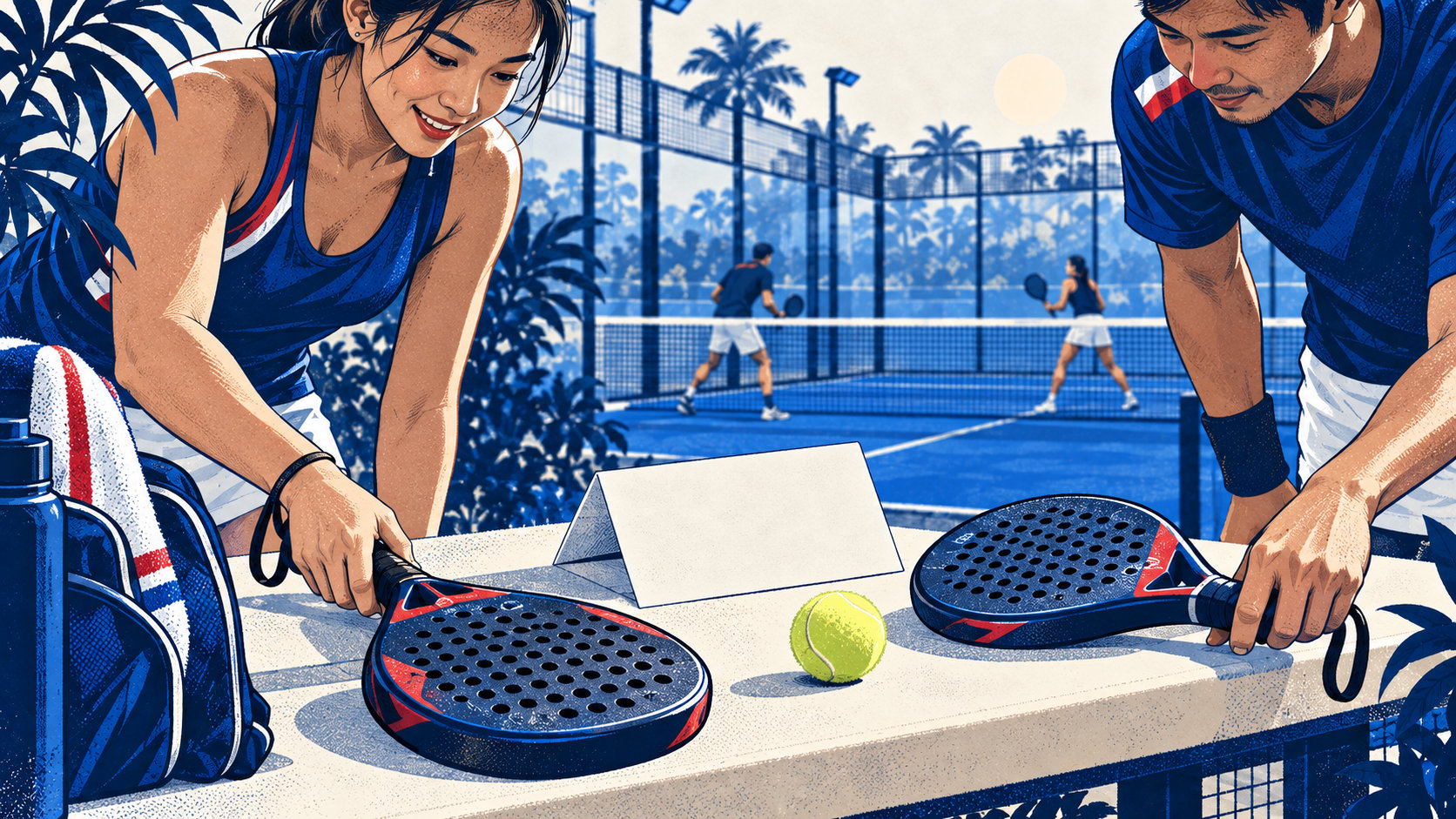 Editorial illustration: Two Thai padel players prepare rackets and a draw sheet beside a Phuket court.