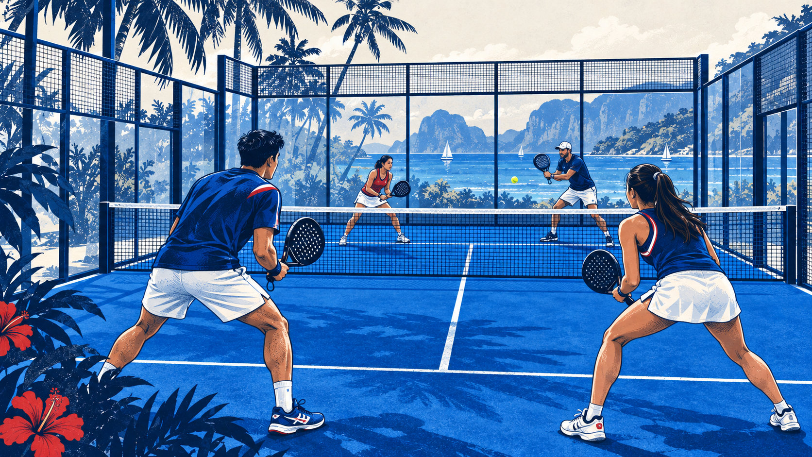 Editorial illustration: Thai and international players compete in a mixed doubles rally on a Phuket padel court.