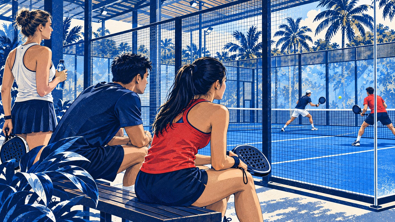 Editorial illustration of Thai and international amateur players watching a padel match from outside a club court.